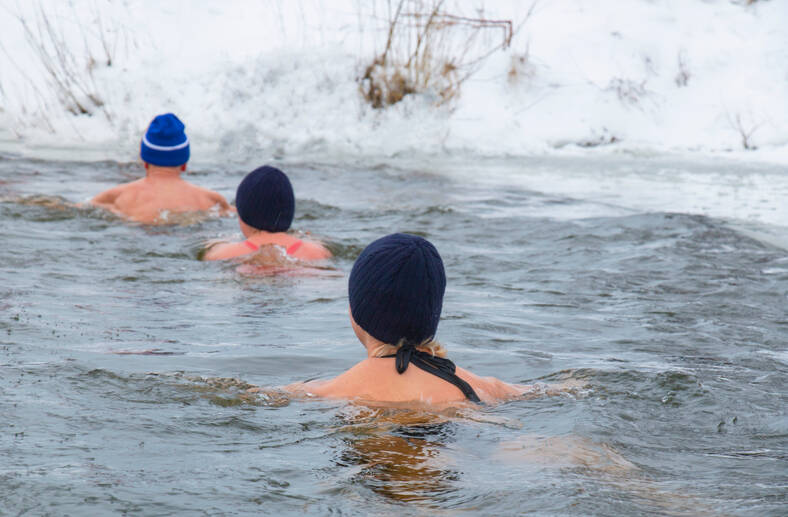 Three people in dark swim caps swim in a cold stream with snow on the banks.