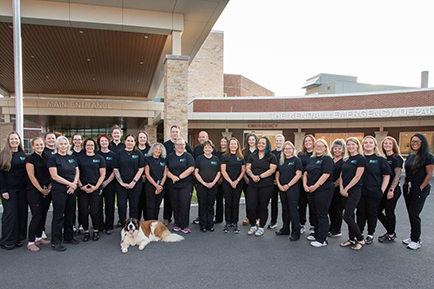 A large group of nurses standing in front of SVMC's main entrance