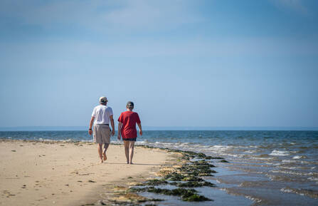 Elderly couple walking on the beach