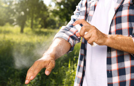 Man in a flannel shirt spraying insect repellant on his arm