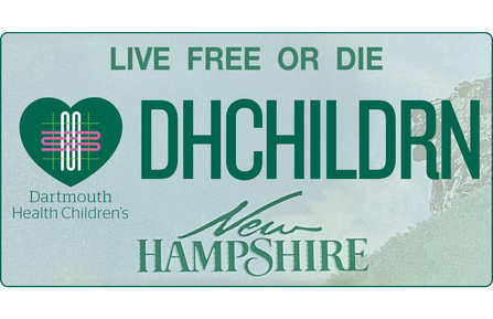 Sample New Hampshire license plate featuring Dartmouth Health Children's decal